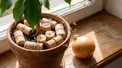 普通のワインのコルクを使って、タマネギや花にたかるハエを駆除しました(皆さんもぜひ試してみてください。効果があります!)。